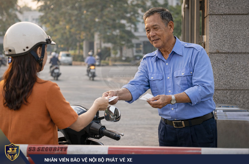 Nhân viên bảo vệ nội bộ phát vé xe cho cán bộ nhân viên cơ quan nhan-vien-bao-ve-noi-bo-phat-ve-xe